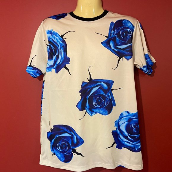 fresh Other - Fresh Prints by Drill Clothing Men's Satin Blue Rose T-shirt - NWT